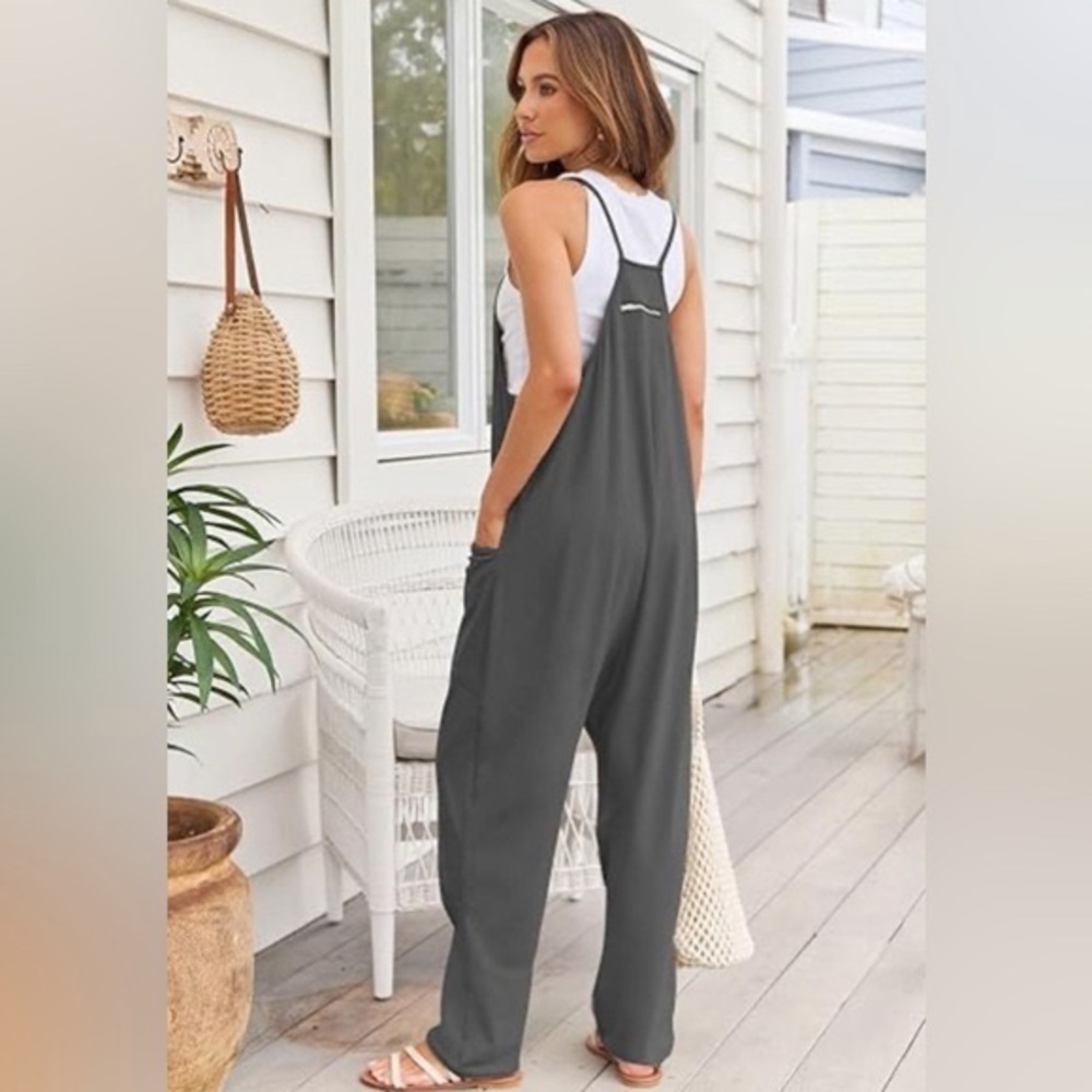 Slouchy Boho Gray Harem Jumpsuit Spaghetti Strap Pockets Comfy Small - Picture 2 of 8